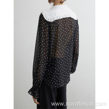 100% Poly Contrast Ruffle Collar Polka Dot Shirt